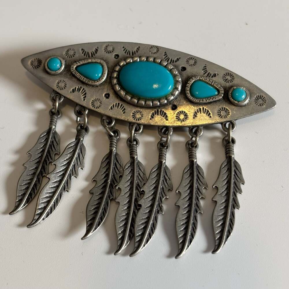 JJ Jonette Jewelry Southwestern Style Turquoise Feather Dangle Brooch Pewter Pin - Picture 3 of 11